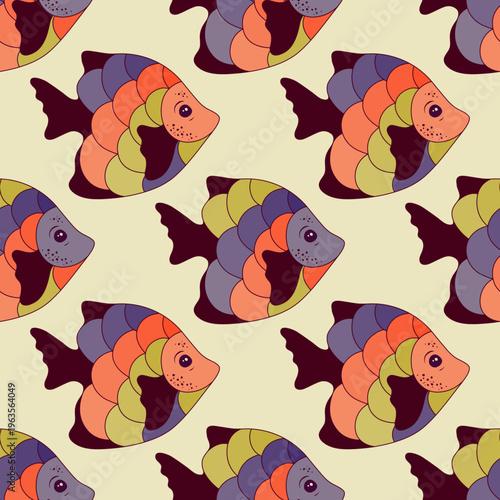 Simple tropical fish endless pattern vector. Sea water fauna diving. Kids fas...