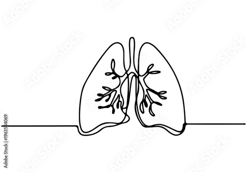 Continuous line drawing of human lungs with bronchi on white background