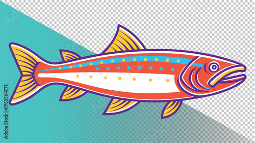 Stylized salmon trout fish illustration, red and orange with blue accents, clean background, sea creature, vector art, tail fin, dorsal fin, flat design, digital art