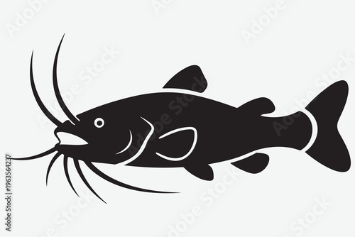 Black silhouette of a catfish with long barbels and an open mouth on a light gray background animal