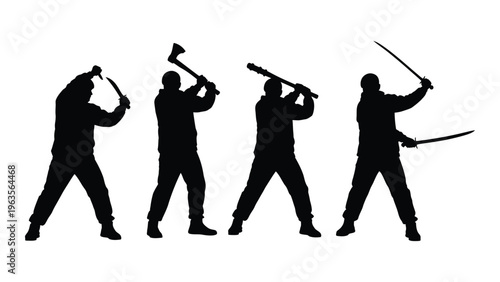 Silhouette of four people swinging weapons in different poses
