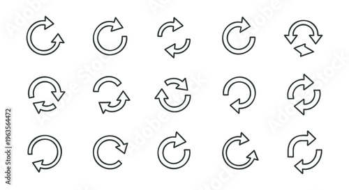 A collection of 16 circular arrow icons in various orientations and styles