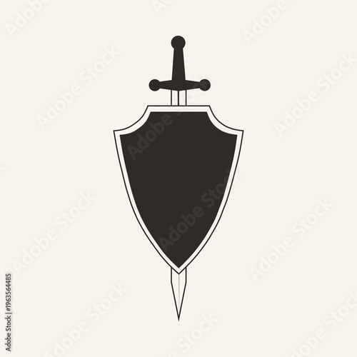 Dark Shield with Sword Minimalist Wall Art, Protection Strength Poster, Spiritual Warrior Symbol, Neutral Aesthetic Decor, Modern Minimal Design Illustration