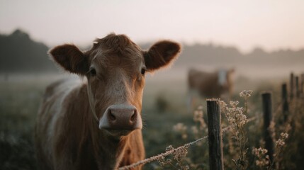 Close-up of a cow's face. the cow is standing in a field with tall grass and wildflowers in the foreground. the background is blurred, but it appears to be a misty sunrise or sunset.