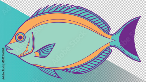 Artistic rendering of a blue and orange fish with purple tail, marine animal in a stylized graphic design, hand drawn, line art