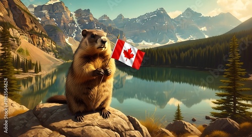 A canadian marmot proudly holds the national flag in a breathtaking mountain landscape