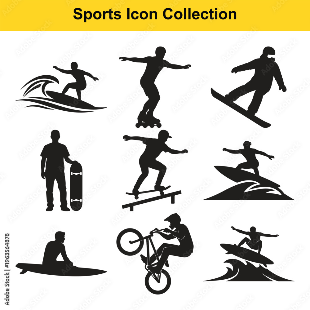 Obraz premium Collection of black silhouettes depicting various extreme sports and leisure activities like surfing, skateboarding, rollerblading, snowboarding, kayaking, and BMX biking.