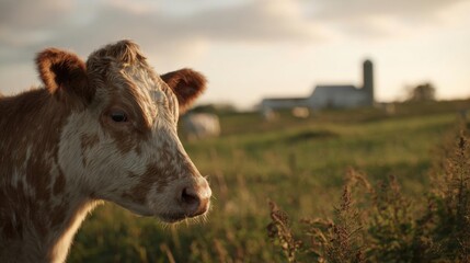 Close-up of a brown and white cow standing in a field. the cow is facing towards the right side of the image, with its head turned slightly to the left.
