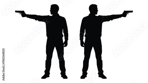 Silhouettes of two men pointing guns