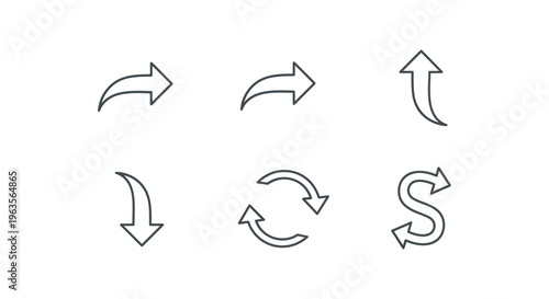 A set of six black arrows on a white background pointing in different directions