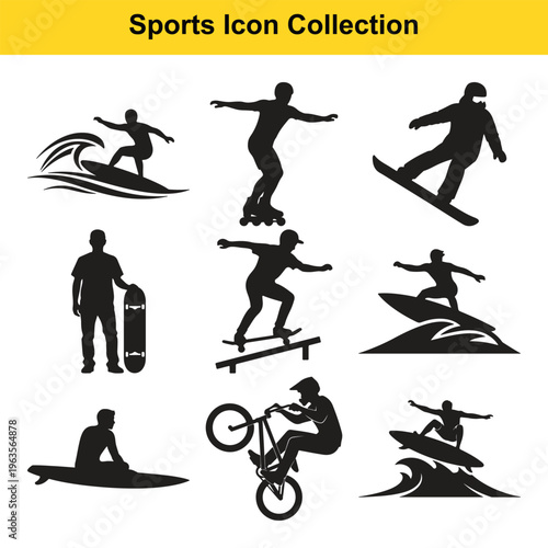 Collection of black silhouettes depicting various extreme sports and leisure activities like surfing, skateboarding, rollerblading, snowboarding, kayaking, and BMX biking.