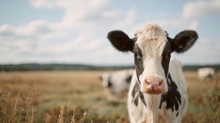 Close-up of a black and white cow standing in a field. the cow is looking directly at the camera with a curious expression on its face.