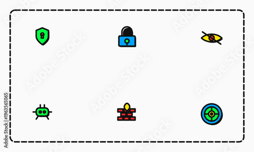 Hand-drawn Set of colorful cyber security icons including shield padlock eye bug firewall and target authentic illustration