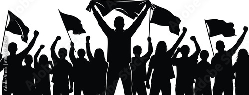 Protesters in silhouette holding flags a powerful crowd scene with raised arms and banners demonstrating unity and solidarity in black and white