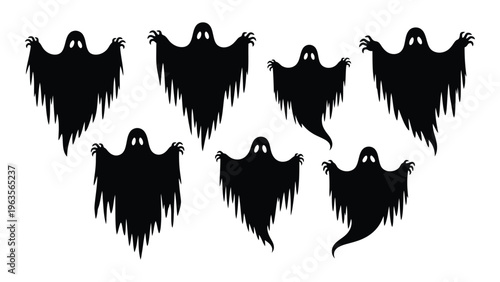 Seven spooky ghostly figures in black silhouette