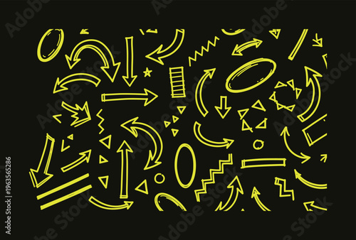 Hand drawn neon yellow arrow collection doodle set including geometric shapes and directional signs on dark background for creative designs