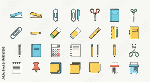 Colorful illustration depicting various common school and office supplies