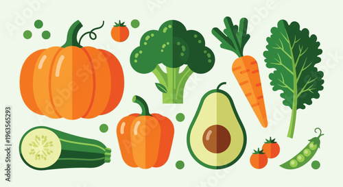 Colorful arrangement of fresh vegetables and fruits in a flat design