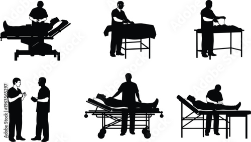 Massage therapy silhouette illustrations various scenes of therapists and clients in different positions and treatments