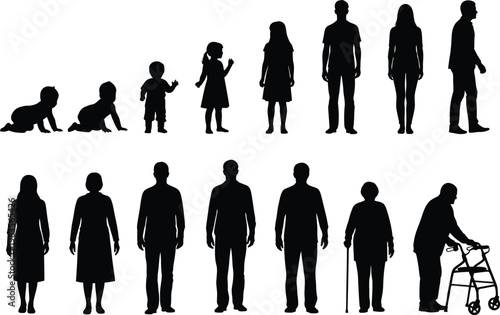 Diverse human silhouettes of various ages and abilities in black on white background