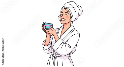 Woman in bathrobe and towel on head holding blue jar in line art style with minimalistic coloring for skincare and beauty product advertising