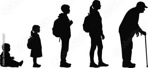 Human silhouette of life stages from childhood to old age with walking stick