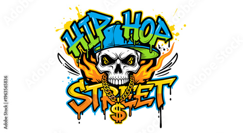 Dynamic Hip Hop Street Culture Illustration with Skull and Chain