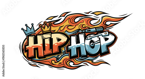 Dynamic Hip Hop Typography with Flames and Crown Illustration