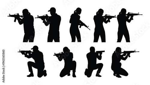 Silhouettes of people in various shooting positions with guns