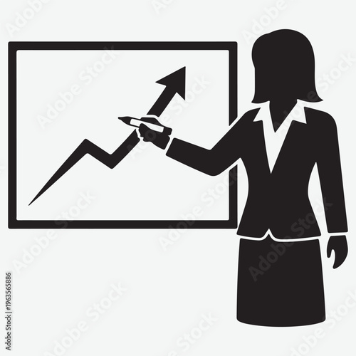 Black silhouette of a woman in a suit pointing at an upward trending graph on a whiteboard with a marker