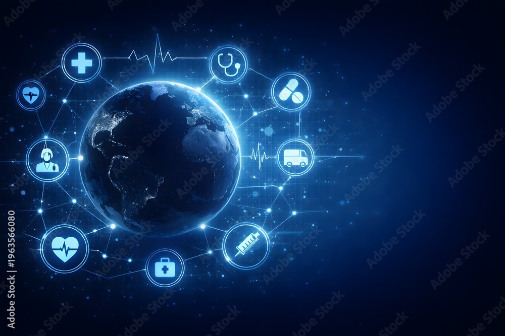 Obraz premium Global healthcare technology network connecting earth with medical icons and futuristic blue lights in space