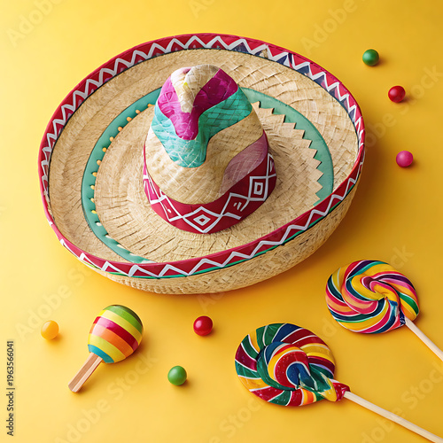 Colorful sombrero and festive candies on a golden background