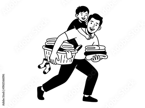 Father Carrying Child While Doing Laundry