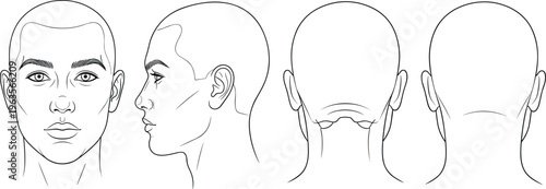 Male head front profile and back view vector illustration set for character design haircut reference and human anatomy study template