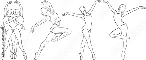 Four line ballet dancers in various graceful poses on white background ballerina