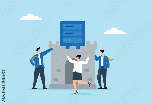 Flat illustration of three people guarding server castle from cyber threats with secure encryption