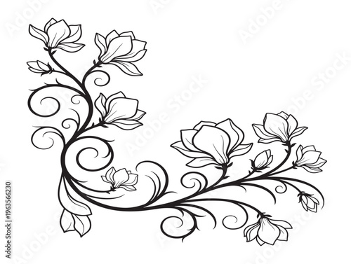 Delicate magnolia and vine swirl silhouette with elegant ornamental scrolling