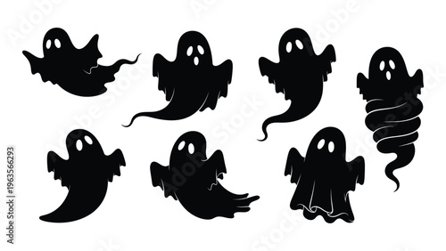 Collection of six black silhouette ghosts with various shapes and sizes