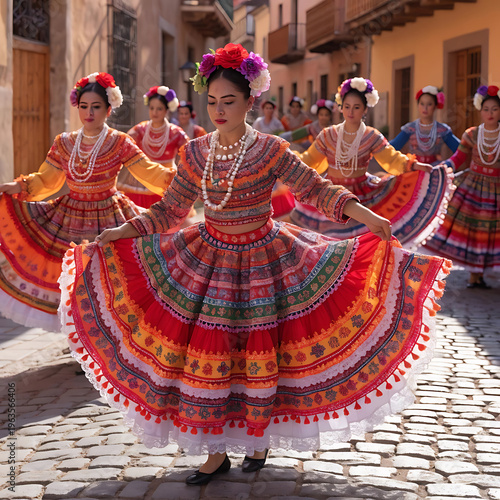 Traditional dancers in vibrant costumes performing an intricate routine