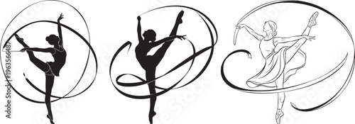 Three rhythmic gymnasts performing with ribbons in black and white line and silhouette