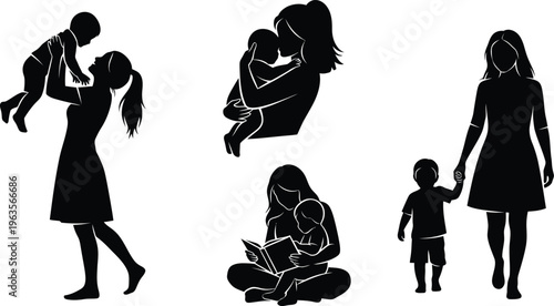 Mother and Child Silhouette Set, Parenting Activities and Motherhood Love Vector