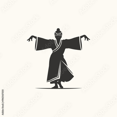 Elegant Silhouette of Traditional Asian Dancer in Robe with Outstretched Arms