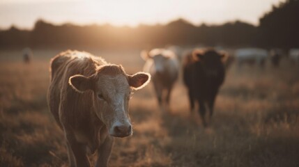 Photograph of a cow standing in a field at sunset. the cow is facing the camera and is looking directly at the camera. it is a light brown color with a white face and ears.