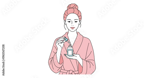 Woman in pink robe enjoying relaxing morning routine with cup of coffee in soft pastel line art for wellness advertising