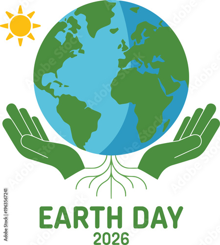 Protecting planet earth with caring hands, sun shining brightly - earth day concept, tree roots, save earth, flat design