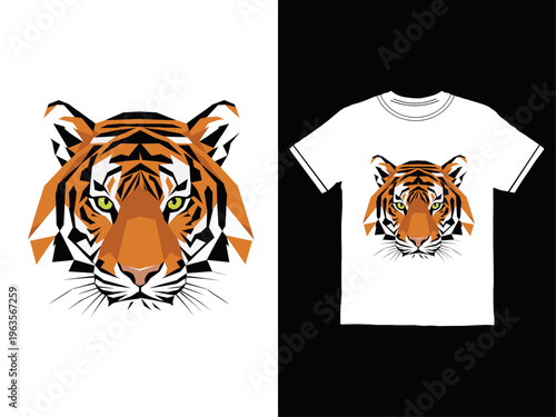 A white t-shirt with a geometric tiger head design on the front