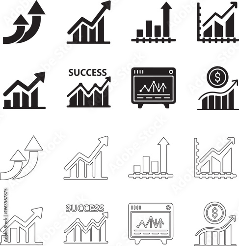 Business growth icon set. Upward arrow and chart symbols representing progress and success. Vector illustration..eps