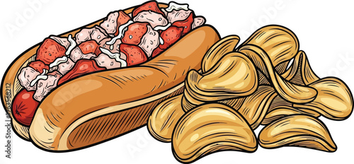 Illustration of Hot dog with toppings and potato chips