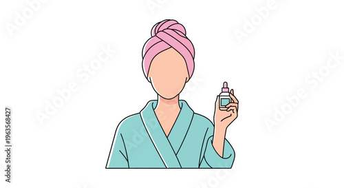 Woman in pink towel and blue robe holding skincare bottle in modern minimalist line art for beauty product advertising