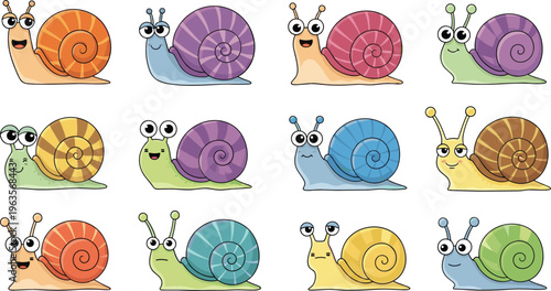 Cute colorful snail characters set with funny expressions cartoon mollusk collection playful vector illustration design